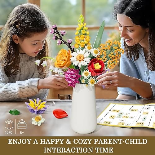 Blumen Bausteine Set für Erwachsene, 1070 Stück Blumenstrauß, künstliche Blume Bauklötze Bausatz Spielzeug für Frauen Mädchen, Home Deko Geschenk für Geburtstag, Muttertag, Weihnachten (keine Vase) - Color-1 thumbnail 6