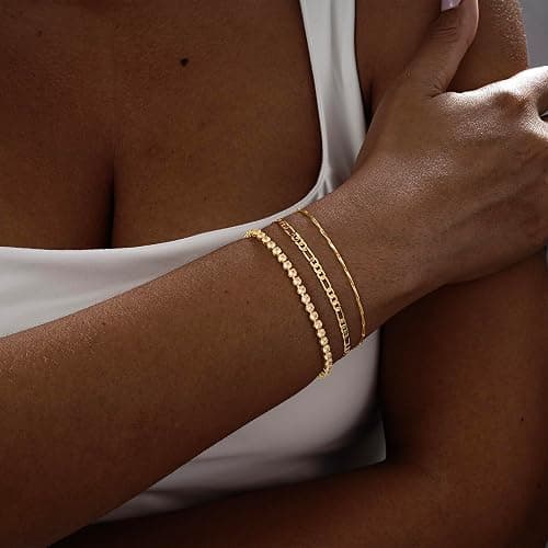 Hergory Gold Bracelets for Women Trendy, Dainty 14K Plated Gold Bracelet Stack Non Tarnish Waterproof Tarnish Free Gold Jewelry Adjustable Paperclip Cuban Beaded Snake Bracelet Set for Gifts thumbnail 3