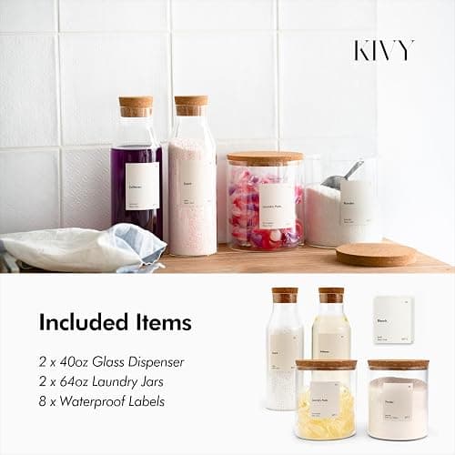 KIVY Glass Detergent Dispenser Container Set of 4 [INCL Labels] Large Glass jars for Laundry Room Organization Decor - Laundry soap dispenser for liquid detergent dispenser - Fabric softener dispenser thumbnail 4