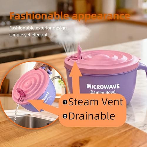 Layron Ramen Cooker Bowl - 45 oz Microwaveable Noodle Bowl Ramen in few Minutes- BPA Free and Dishwasher Safe Set with Chopsticks Perfect for Dorm, Small Kitchen, or Officee (purple) thumbnail 7