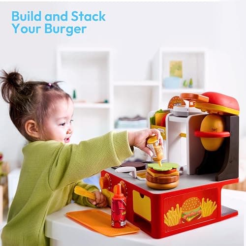 Play Kitchen Toddler Toy - 40+ PCS Fast Food Station with Potato Cutter, Simulated Frying Effect & Lights, Order & Drink Station - Pretend Play Food Toy Birthday Gift for Boys Girls thumbnail 7