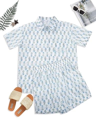 Flygo Womens Floral Pajamas Set Casual 2 Piece Outfits Button Down Shirt Shorts Linen Pj Lounge Sets Beach Vacation Wear thumbnail 4