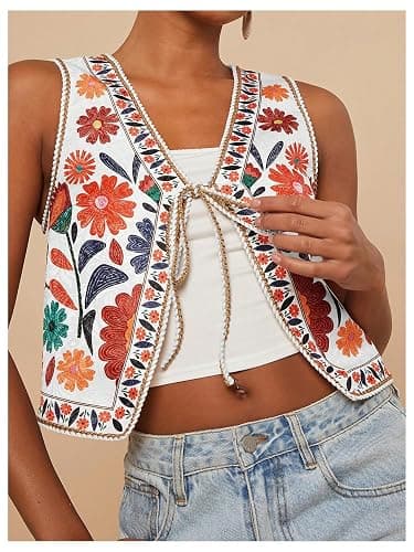 GORGLITTER Women's Tie Front Vest Top Country Concert Western Cowgirl Outfit Floral Vest thumbnail 4
