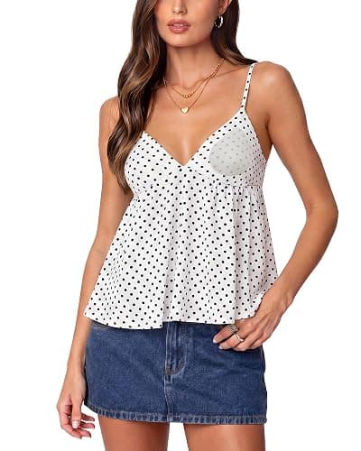 SUUKSESS Women V Neck Babydoll Tank Tops with Built in Bra Summer Cute Peplum Cami Going Out Tops - Image 1