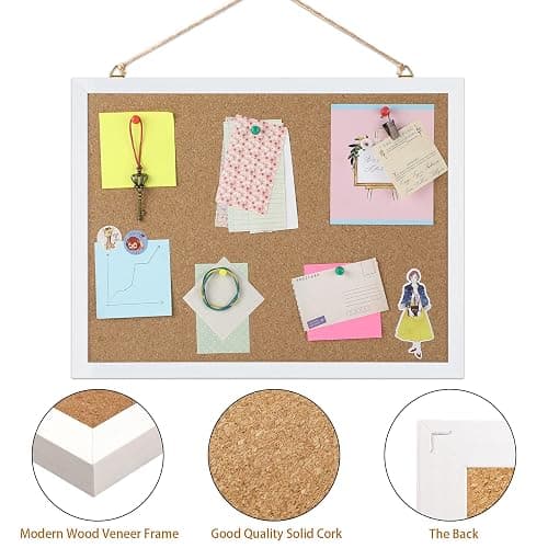 FEBSNOW Small Cork Bulletin Board for Wall 15.7x12 Inch White Wood Frame | Natural Cork Material, Home Office Message Board, Hanging Photos and Vision Notes,Rectangle White Frame With Pins thumbnail 4
