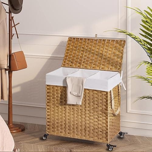 Greenstell Laundry Hamper with Wheels&Lid, 130L Large 3 Sections Clothes Hamper with 2 Types Removable Liner Bags, 5 Mesh Laundry Bags, Handwoven Divided Laundry Basket for Clothes, Natural - Natural - 130L: 25.6x13.0x25.7 Inches thumbnail 8
