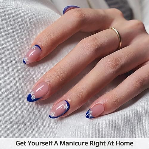 BTArtbox Press On Nails Short - Lamp-Curable Blue French Tip Almond Press On Nails with Glue for Women, Semi-Transparent Soft Gel Glue On Nails in 16 Sizes - 32 Stick On Nails Kit, Blue Blossom thumbnail 2