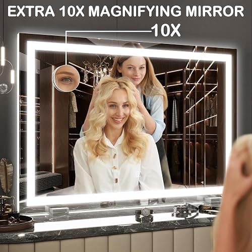 FENNIO Makeup Mirror with Lights 23"x32" ，LED Makeup Mirror ，Large Vanity Mirror with Lights，Touch Sensor with Dimmable 3 Modes, Square White thumbnail 7
