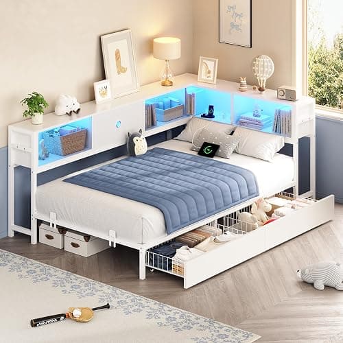 Hasuit Corner Twin Bed Frame with Storage Drawers and Bookcase Headboard, Twin Size Metal Platform Corner Bed Frame with Charging Station and LED Lights, Twin Daybed for Kids Teens Guests, White thumbnail 9