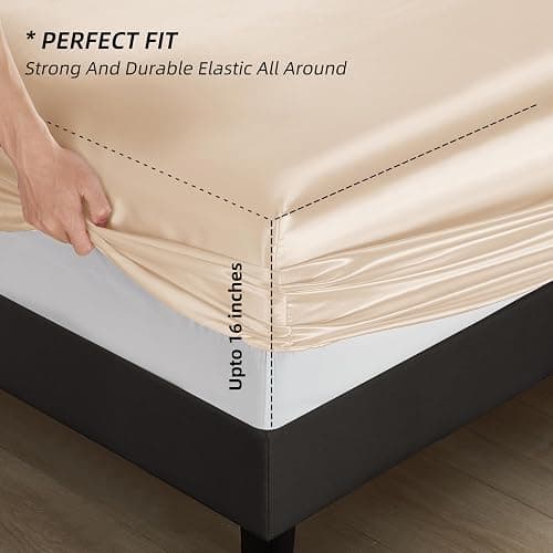 HommxJF 5Pcs Champagne Silk Sheets Full Size Satin Sheets Set with 1 Satin Flat Sheet,1Deep Pocket Fitted Sheet,3 Pillowcases with Envelope Closure thumbnail 3