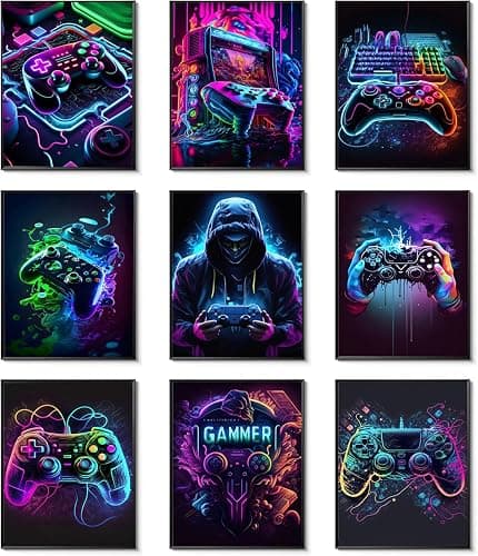 Ucninvd Game Posters Wall Art Set of 9, Neon Gaming Wall Decor Game Room Decor Paintings, Video Gamer Accessories Canvas Picture Prints for Boys Gamer Teen Room Bedroom Decor 8x10In Unframed - Image 1