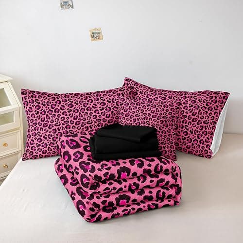 Leopard Print Comforter Queen Black and Pink Bedding Sets 8 Pcs Hot Pink Cheetah Animal Print Texture Wild Leopard Bed in A Bag with Comforter and Sheet Set thumbnail 5