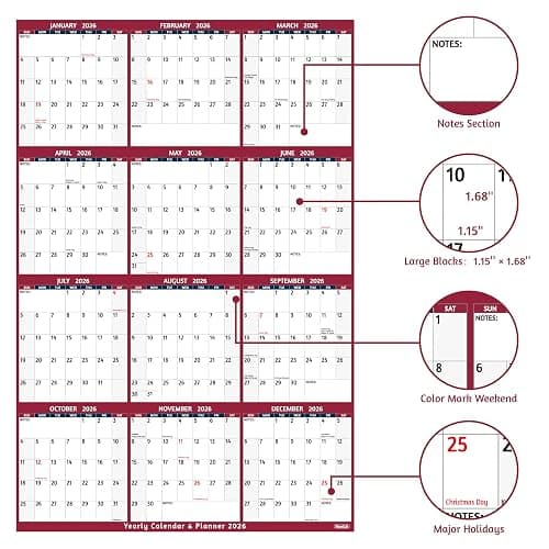 2026 Yearly Wall Calendar - Large Yearly Calendar 2026, Jan 2026 - Dec 2026, 25.2" x 38.2" (Open), 2026 Calendar, Large Wall Calendar 2026, Full Year Paper with Notes, Thicker Paper - Red thumbnail 5