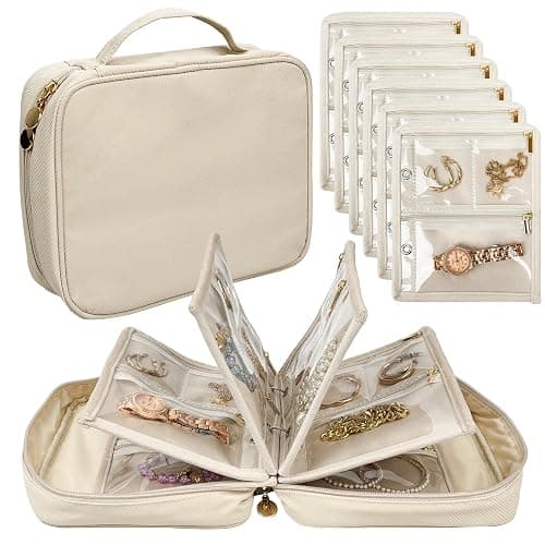 LingLingo Travel Jewelry Organizer Case,Jewelry Bags Jewelry Storage Book Binder with Clear Zipper Velvet Pouch for Traveling,Earrings, Rings, Necklace, Bracelet (White) - Image 1
