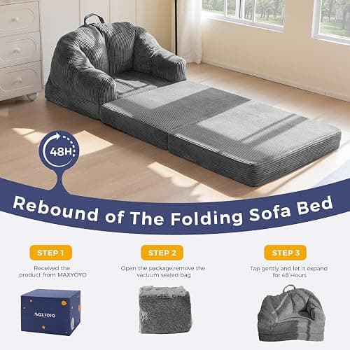 MAXYOYO Folding Sofa Bed with Backrest, Boneless Fold Out Couch Bed with Handle, 2 in 1 Convertible Bean Bag Chair to Floor Sofa Lounger, Comfy Folding Couch for Bedroom & Living Room, Dark Grey thumbnail 8