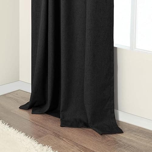 Black Curtains 84 Inches Long for Bedroom 2 Panel Set Linen Textured Total Blackout Thermal Insulated Darkening Dark Curtains Black Out Shades for Living Room Floor Length Window Drape Back Tab Pocket thumbnail 8