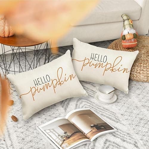 RABUSOFA Fall Pillow Covers 12x20 Inch,Autumn Hello Pumpkin Pillows Decorative Throw Pillows,Lumbar Outdoor Thanksgiving Cushion Cover Farmhosue Fall Decor for Bedroom Couch Sofa White thumbnail 2