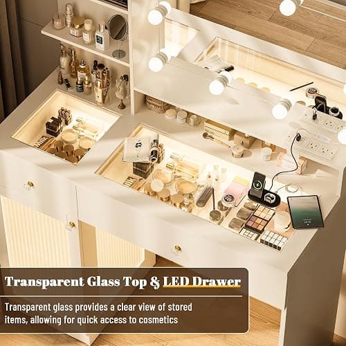 INNOD 40" Vanity Desk with Large Mirror and Lights, Modern Glass Top Makeup Vanity Set with Power Outlet, Drawers and Cabinet, 3 Lighting Color Adjustable Dressing Table for Bedroom,White thumbnail 4