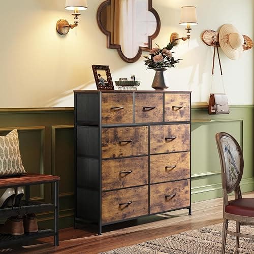 WLIVE 9-Drawer Dresser, Fabric Storage Tower for Bedroom, Hallway, Entryway, Closet, Tall Chest Organizer Unit with Fabric Bins, Steel Frame, Wood Top, Easy Pull Handle, Rustic Brown Wood Grain Print thumbnail 2