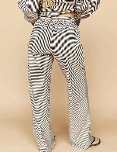 MISSACTIVER Women's 2 Piece Striped Lounge Set Long Sleeve Oversized T-Shirt Wide Leg Pants Matching Pajamas Set thumbnail 7