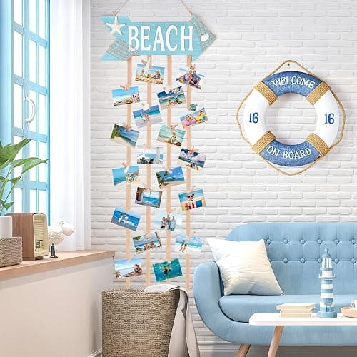 WeDoSoy Coastal Style Hanging Photo Display Holder with 30 Clips (10 Shell Clips), Wooden Frames Wall Picture Organizer for Beach Decor, Collage Display, Postcards, Holiday Cards & Home Decoration thumbnail 4