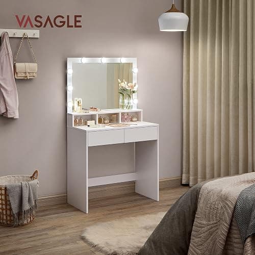 VASAGLE Vanity Desk with Mirror and Lights, Makeup Desk with Large Mirror, Adjustable Brightness, Vanity Table, 2 Drawers, 3 Compartments, Modern, Cloud White URDT185T14 thumbnail 2