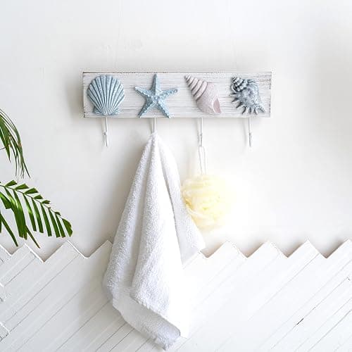 TideAndTales Beach Decor Seashell Wall Hooks Towel Rack for Bathroom, Bedroom or Kitchen | 4 Strong Hooks | Ocean Theme Beach House Decor thumbnail 8