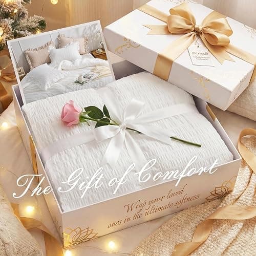 JOLLYVOGUE Oversized Queen Comforter Set, 3 Pieces White Seersucker Comforters, Lightweight & Fluffy Bedding Sets for All Season with 1 Ruffle Comforter and 2 Ruffle Pillowshams thumbnail 9
