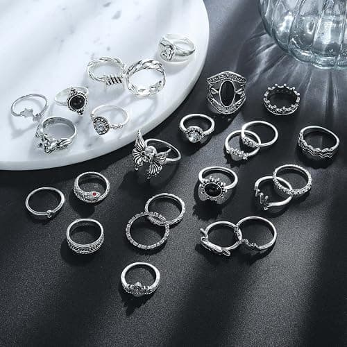 17IF 26-35 Pcs Vintage Silver Knuckle Rings Set for Women Men, Grunge Gothic Rings Chunky Aesthetic Snake Stackable Adjustable Punk Bulky Finger Alt Fairy Skull Frog Heart Star Flower Midi Ring Pack thumbnail 5