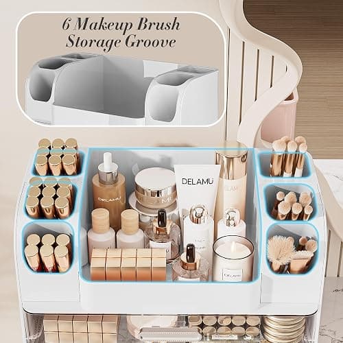 Delamu Makeup Organizer Countertop with 6 Brush Holder, Bathroom Countertop Organizer with 2 Large Drawers, Cosmetic Display Case for Vanity, Ideal Christmas Gifts for Women Girls, Light White thumbnail 5