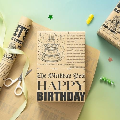 RUSPEPA Kraft Birthday Newspaper Wrapping Paper Roll, Vintage Retro Birthday Headlines with Party Cake & Gifts Design, Kraft Gift Wrap for Adult Milestone Celebration, Party, 17 Inches x 16.4 Feet thumbnail 4