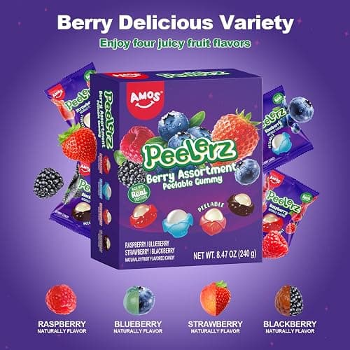 AMOS Peelerz Berry Assortment Gummy Candy 240g | Peelable Fruit-Shaped Gummies Made with Real Fruit Juice | Fun Peeling Snack for Kids & Adults | Peelerz Assorted Gummy Berry Mix (8.47 oz Box) thumbnail 4