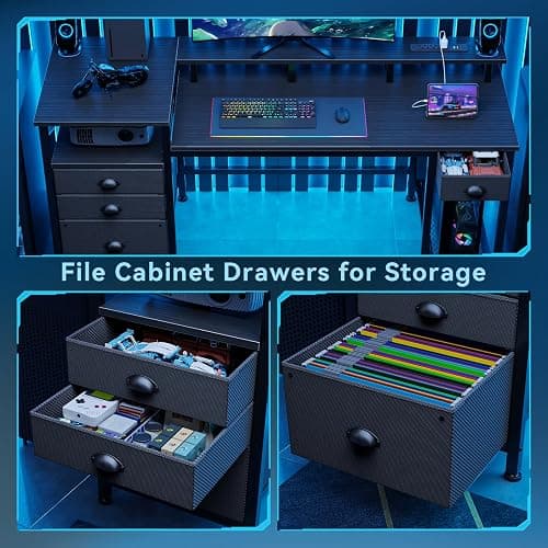 Furologee 60" Black Computer Desk with 4 Drawers and Printer Space, Gaming Desk with LED Lights and USB Power Outlets, Home Office Desk with Fabric File Cabinet,Study Work Table with Shelf for Bedroom thumbnail 7