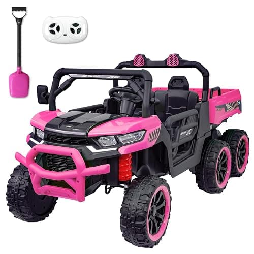 TCARAIWEN 24V Ride On 2 Seater Dump Truck with Remote Control, 6x6 Electric UTV Car with Electric Dump Bed, 2 Speed 4WD Power Ride Cars 6x6 Wheels Music, Storage Trunk, Shovel for Boys Girls, Pink - Image 1