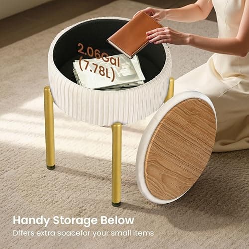 Memobarco 18-Inch Velvet Vanity Stool Chair with Storage, Vanity Bench with 4 Golden Metal Legs & Anti-Slip Adjustable Feet,Round Storage Ottoman Stool with Removable Soft Padded Seat, Beige thumbnail 4