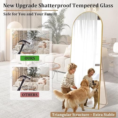 POMILER Arched Full Length Floor Mirror with Gold Aluminum Frame, 56"x15" | HD Tempered Glass, Wall or Floor Mount, Distortion-Free Reflection, Float Glass & Alloy, Multiple Display Options thumbnail 6