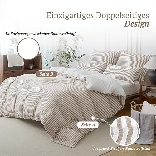 SOULFUL Bettwäsche 220x240 Baumwolle Gestreift, Jacquard Gewaschene Baumwolle Boho Bettwäsche-Sets Ästhetisches Kontrastdesign mit Reißverschluss-Braun thumbnail 3