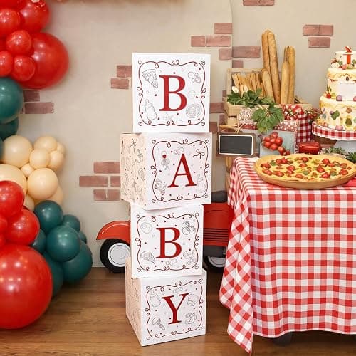 Vicenpal Special Delivery Pizza Baby Shower Boxes with Letters for Baby Shower Decorations Italian Pizza Gender Reveal Decoration Photo Prop Set of 4 Birthday Party Favors thumbnail 2