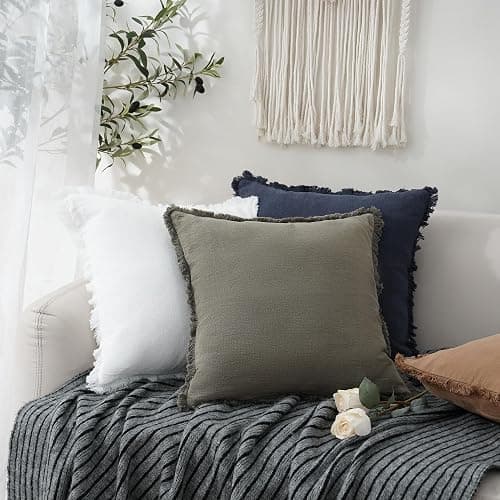 Foindtower Set of 2 Decorative Linen Fringe Throw Pillow Covers Cozy Boho Farmhouse Cushion Cover with Tassels Soft Accent Pillowcase for Couch Sofa Bed Living Room Home Decor,18×18 Inch,Navy Blue thumbnail 5
