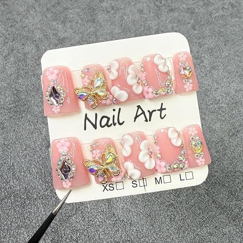 Butterfly Press on Nails, Muti-Layer Gel Handmade Press on Nails Medium, Duck Shaped False Nails with Rhinestone Flower, Full Cover Thickened Fake Nails Designs Stick on Nails for Women Nail Art DIY thumbnail 2