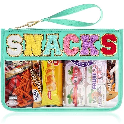 Snack Bag for Travel - Clear Chenille Varsity Letter Flat Pouch with Zipper, 12.2×8.46 inch Waterproof Clear Nylon Preppy Patch Makeup Cosmetic tote Bags for Women Girls - Image 1