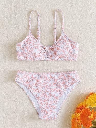 OYOANGLE Girl's 2 Piece Ditsy Floral Bikini Swimsuit Ring Linked Ruched Bathing Suit thumbnail 2