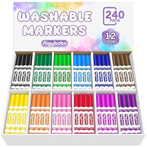 Aigybobo 240 Count Washable Markers Bulk, 12 Assorted Colors, Broad Line Conical Tip Coloring Markers for Kids, Markers Bulk Pack for Classroom, School Art Supplies & Back to School Supplies thumbnail 8