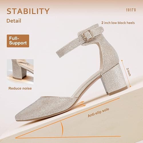 IDIFU Women's IN2 Pedazo Dress Shoes Low Block Heels Comfortable Chunky Closed Toe Ankle Strap Wedding Pumps thumbnail 5