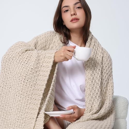WDCOZY Chunky Cable Knit Throw Blanket Super Soft Warm Knitted Throw Blanket for Couch, Sofa, Chair, Bed Lightweight Breathable Cozy Comfortable Home Decorative Camel Tan Beige 50x60 Inches thumbnail 7