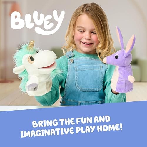 Bluey Unicorse & Bob Bilby Hand Puppet Plush Toys, 8-9”, 2-Pack | Soft deluxe fabric, embroidered details, perfect for toddler hands, imaginative play, Bluey toddler toys, Amazon exclusive thumbnail 3