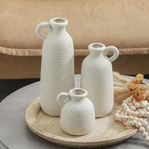 Ceramic Vase Set of 3 with Handle, Neutral Rustic Vases Home Decor Farmhouse Decorative Vase Whitewashed Pottery Decor Modern for Table Mantel Entryway Bookshelf Living Room Kitchen Bedroom - White thumbnail 9