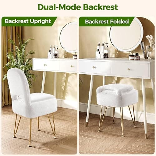 Greenstell Vanity Stool Chair with Storage and Folding Back, 13.4" L x15 W x 30.0" H Square Soft Ottoman, 4 Metal Legs with Anti-Slip Feet, Furry Padded Seat for Makeup, Bedroom, White thumbnail 6