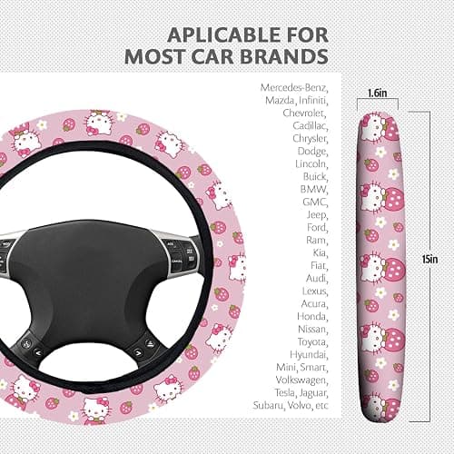 Kitty Accessories Car, Strawberry Pink Hello Cat Wheel Cover, Y2K Car Accessories, Girly Steering Wheel Cover, Universal Fit 14.5-15 inch Auto SUV Vans Trucks, Anti-Slip and Sweat Absorption - Pink thumbnail 2