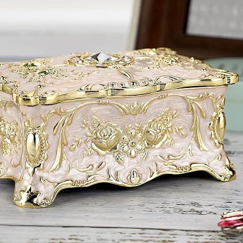 Hipiwe Small Vintage Jewelry Box Decorative Trinket Box, 3.7x 2.7x 2 inch | Enameled Metal Treasure Chest Organizer Rectangular Keepsake Box Case Wedding Christmas Gift for Women thumbnail 5